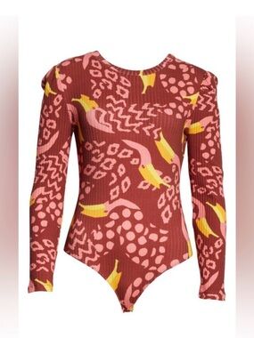 Farm Rio Burgundy Toucanissimo Ribbed Puff Sleeve Bodysuit NWT XS